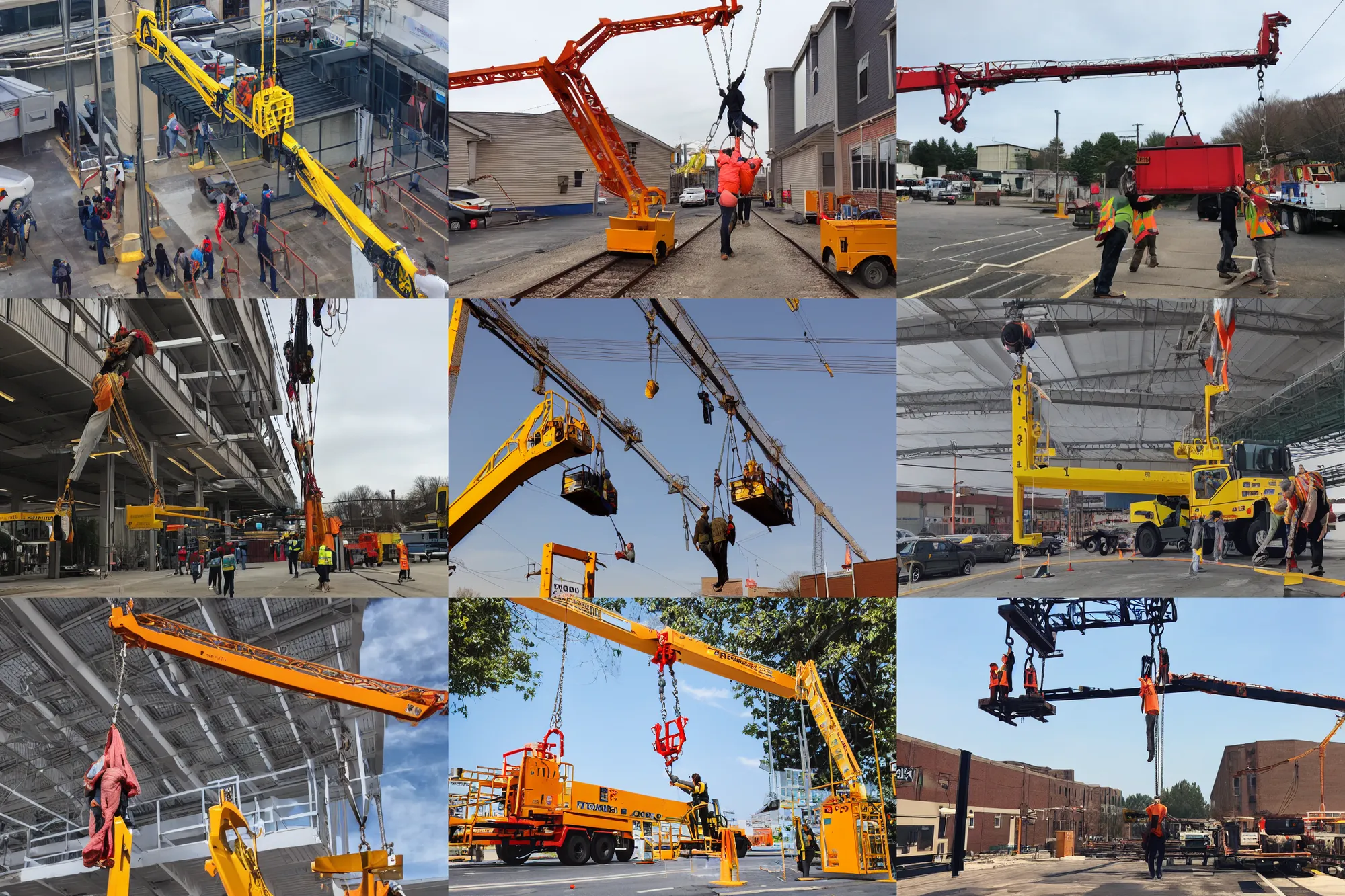 Image similar to hoisting crane grabs a person from the line going to the store