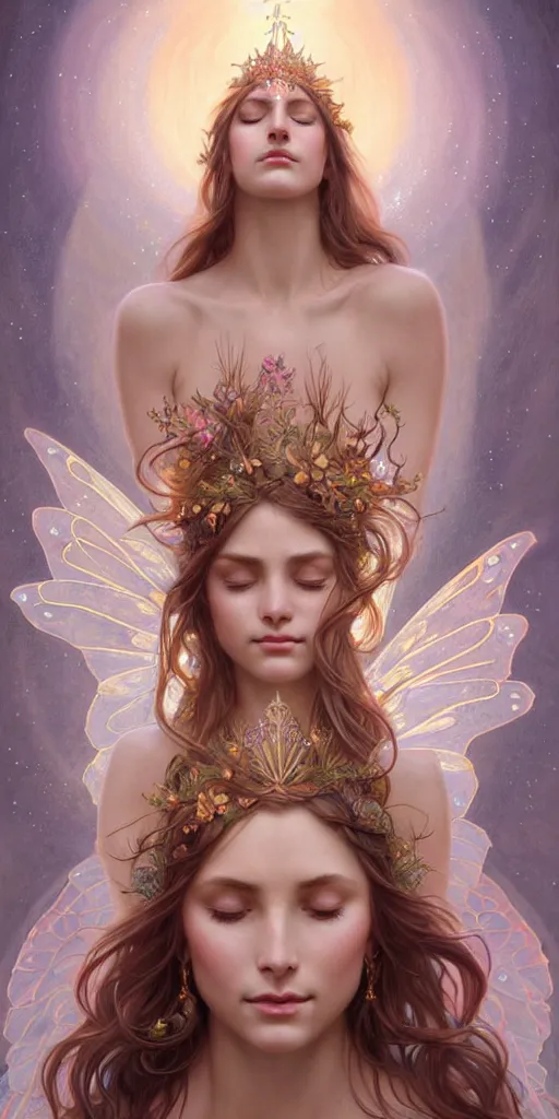 Image similar to fairy queen goddess feminine face meditation!! murky lighting, wind blowing, full body portrait, blessed by nature, physical mental perfection, symmetrical! intricate, sensual, highly detailed, biblical divine holy perfection!! digital painting, artstation, concept art, smooth, sharp focus, by artgerm and greg rutkowski and alphonse mucha