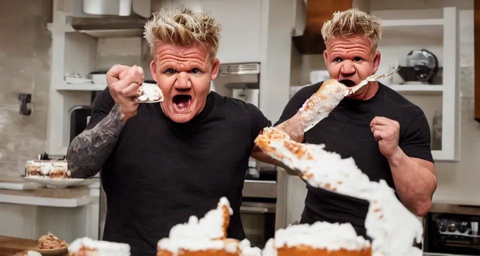 Image similar to photo of angry furious Gordon Ramsay smashing a cake in Gordon Ramsay's face at the kitchen