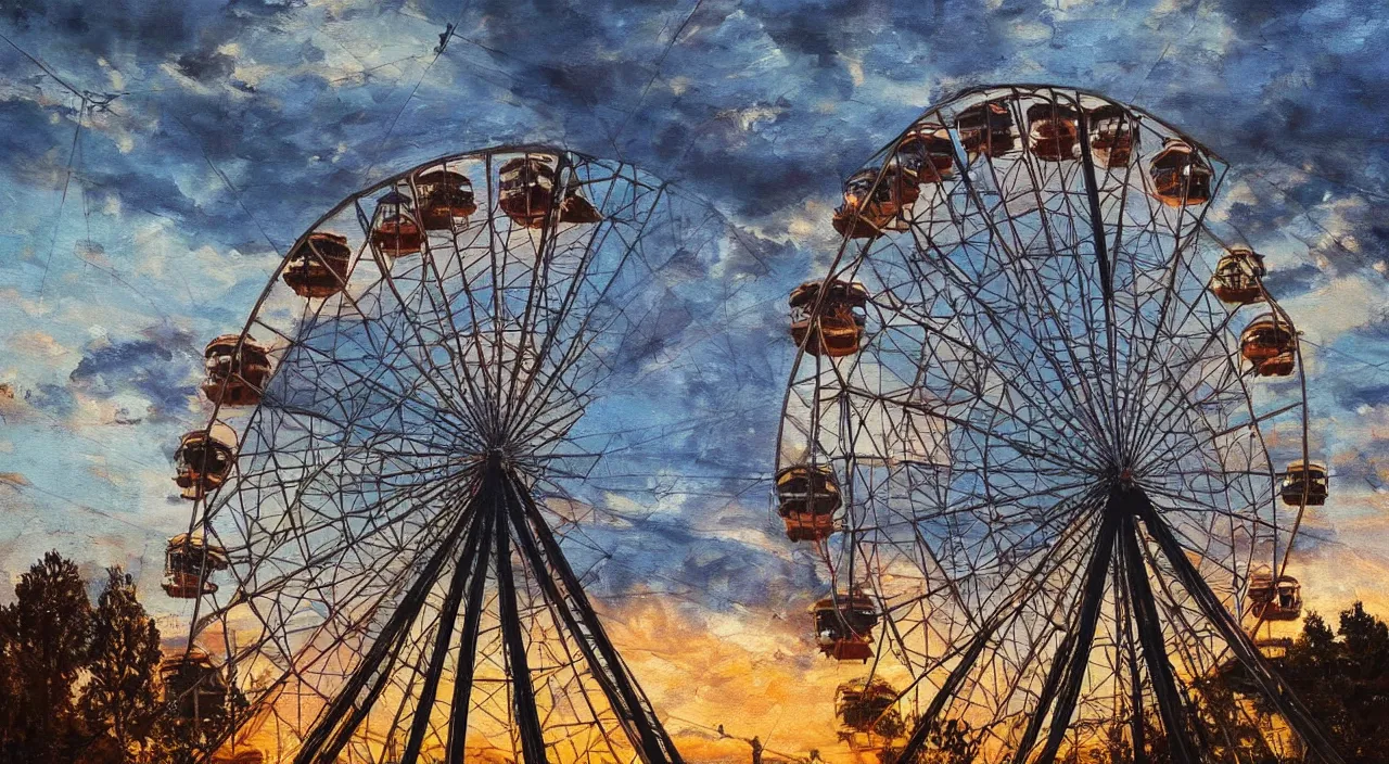 Prompt: a Stunning painting of A Ferris wheel in Pripyat by gerg rutkowski,epic lighting,beautiful sky,hyper detailed,Super realistic,cinematic,sci fi art,Masterpieces,8K Resolution