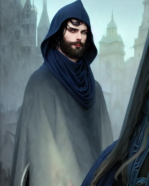 Image similar to handsome male fighting a giant, long black hair blue eyes wearing cloth mantle gothic navy cloak with leather details, cliffside town, fantasy character portrait, ultrarealistic, intricate details, elegant, cinematic lighting, highly detailed, artstation, cgsociety, sharp focus, beautiful digital painting by artgerm, gerald brom, wlop, alphonse mucha