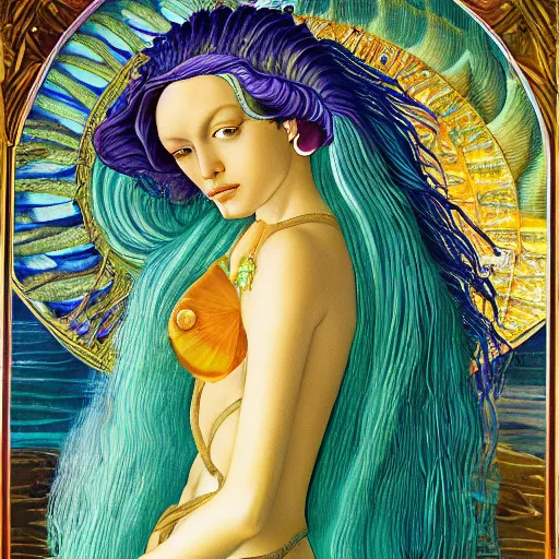 Prompt: techno mystic goddess princess intergalactica, with aqua neon rapunzel dreadlocks, detailed, wearing seashell attire, crystal pathway to atlantis floating on the sea, by gilbert williams masterpiece, sharp focus, sandro botticelli