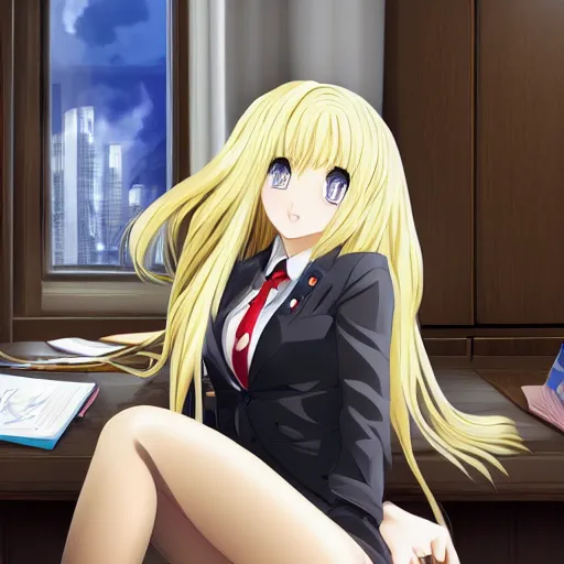 Prompt: blonde anime woman with long hair, wearing headmistress uniform, sophisticated young woman, pantyhose, authority, sitting in dean's office, ornate designs on desk, sharp details, subsurface scattering, intricate details, anime, anime hd wallpaper, 2 0 1 9 anime screenshot