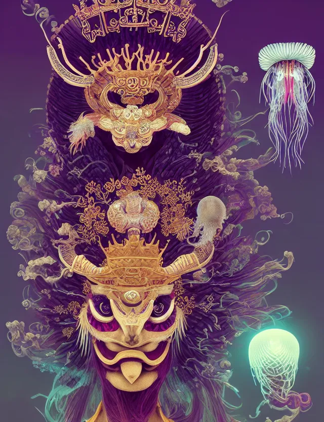 Image similar to goddess macro close - up portrait with crown, ram skull. beautiful intricately detailed japanese crow kitsune mask and clasical japanese kimono. betta fish, jellyfish phoenix, bioluminescent, plasma, ice, water, wind, creature, artwork by tooth wu and wlop and beeple and greg rutkowski