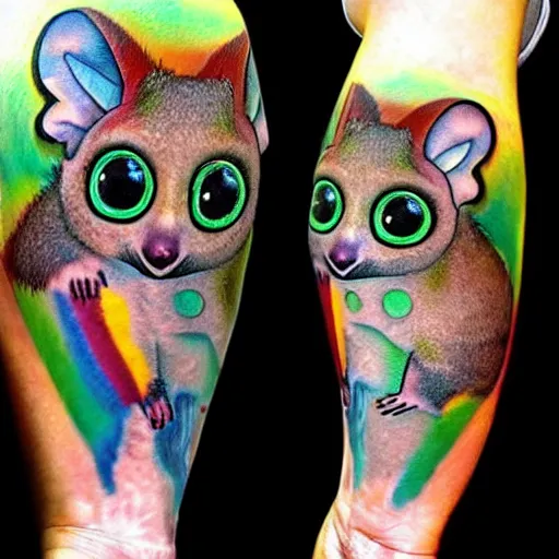 Image similar to shoulder tattoo of a multicolored trippy furry cute bushbaby, eyes are colorful spirals, surrounded with colorful marihuana leaves, insanely integrate