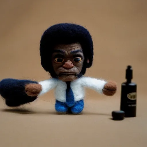 Prompt: needle felted Samuel L Jackson as Jules in Pulp Fiction (1994), highly detailed, tilt shift, cool, hyperrealism, highly textured, god rays