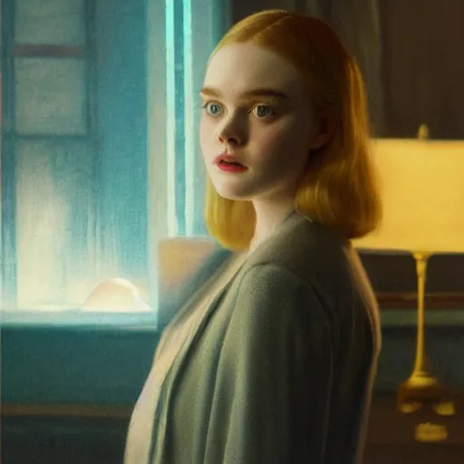 Prompt: Elle Fanning portrait at night in the world of Edward Hopper, stormy weather outside, extremely detailed masterpiece, oil on canvas, low-key neon lighting, artstation, Blade Runner 2049, Roger Deakin’s cinematography, by J. C. Leyendecker and Peter Paul Rubens,