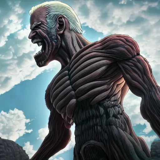Prompt: Joe Biden as giant titan from Attack On Titan picking up and taking bite of person, by Hajime Isayama and Tooth Wu and wlop and beeple and dan mumford, octane render, trending on artstation, greg rutkowski very coherent symmetrical artwork. cinematic, hyper realism, high detail, octane render, 8k, iridescent accents