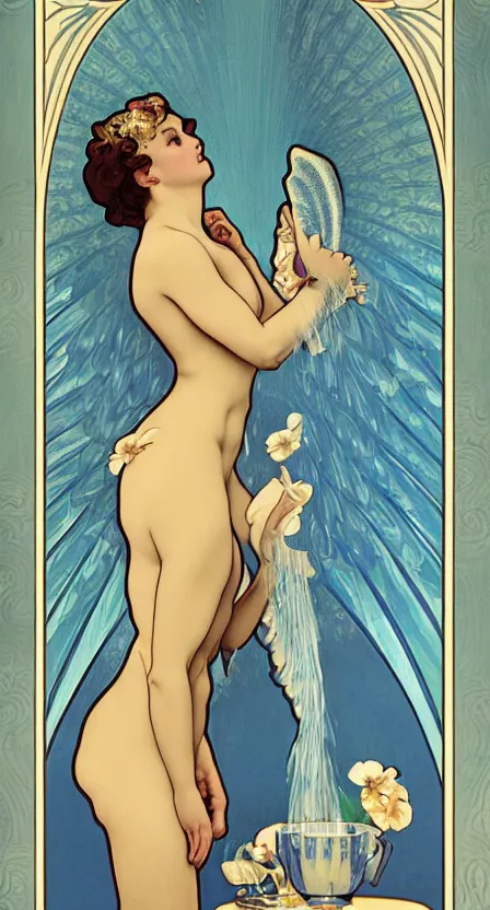 Image similar to a tarot card of a woman, hovering over water with angel wings and she is pouring water between two cups. illustrated in an art deco style by tamara de lempika and an elegant border by alphonse mucha. | studio lighting | digital painting, stunning lighting, trending on artstation