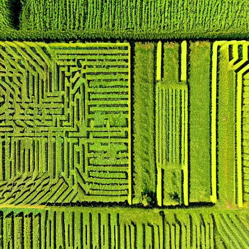 Image similar to “overhead perspective view of a corn maze field, drone shot, photography, parallax, high quality”