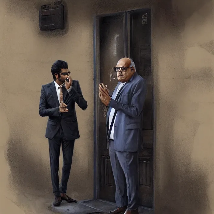 Image similar to portrait of tall indian man in a suit arguing with danny devito outside a bar, elegant, real life skin, intricate artwork, high detailed, artstation, concept art, smooth, sharp focus, art by artgerm and greg rutkowski