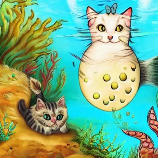 Prompt: A cat mermaid hybrid chasing a puffer fish