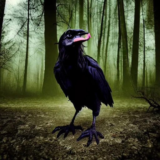 Image similar to werecreature consisting of a human and crow, photograph captured in a forest