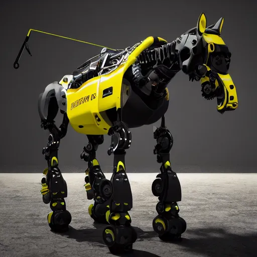 Image similar to boston dynamics horse robot, black with yellow accents, photorealistic, 8 k, octane render