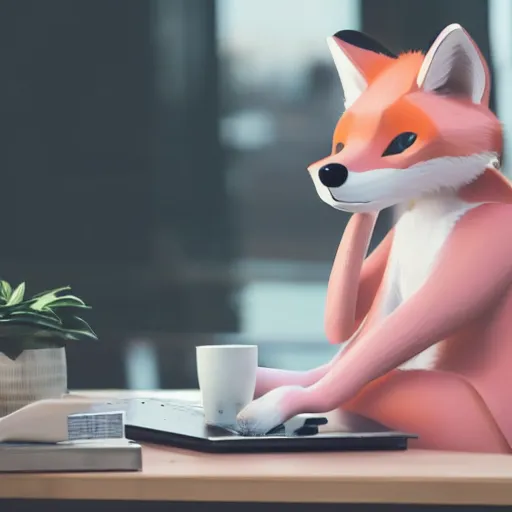 Image similar to A light pink anthropomorphic fox sits at a desk typing on a laptop with a cup of coffee