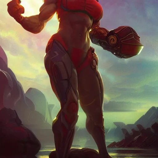 Prompt: samus aran showing her big muscular biceps, highly detailed, digital painting, artstation, concept art, matte, sharp focus, illustration, art by artgerm and greg rutkowski and alphonse mucha