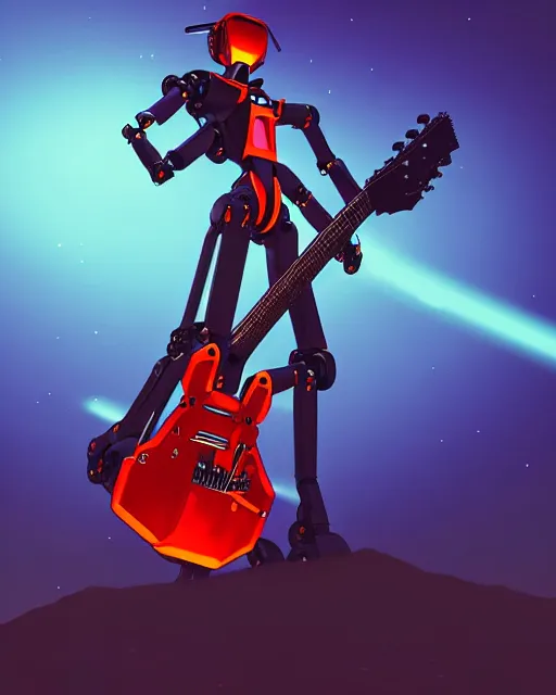 Image similar to black evangelion robot holding a steampunk guitar at night, cinematic lighting, evangelion anime poster, rebuild of evangelion 1 0 8 0 p, 9 0 s anime aesthetic, volumetric lights, rule of thirds, unreal engine render, pinterest wallpaper, trending on artstation