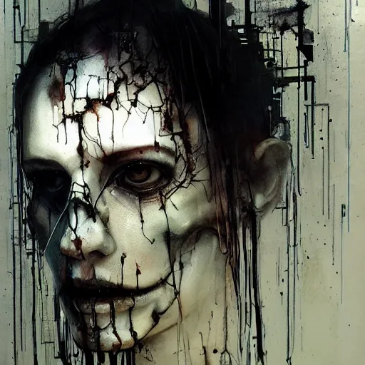 Image similar to skulls wires skin cyberpunk by emil melmoth zdzislaw belsinki craig mullins yoji shinkawa realistic render ominous detailed photo atmospheric by jeremy mann francis bacon and agnes cecile ink drips paint smears digital glitches glitchart