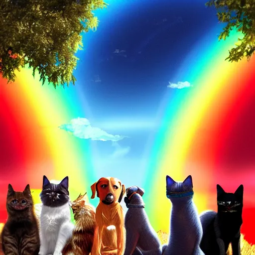 Image similar to a group of pet dogs and cats waiting patiently at the entrance to a glorious and heavenly rainbow bridge, beautiful art, artstation