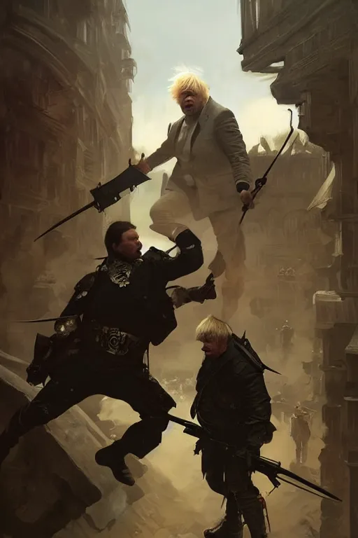 Image similar to aggressive Boris Johnson vs scared Putin, face to face, civil war style, highly detailed, digital painting, artstation, concept art, smooth, sharp focus, illustration, cinematic lighting, art by artgerm and greg rutkowski and alphonse mucha