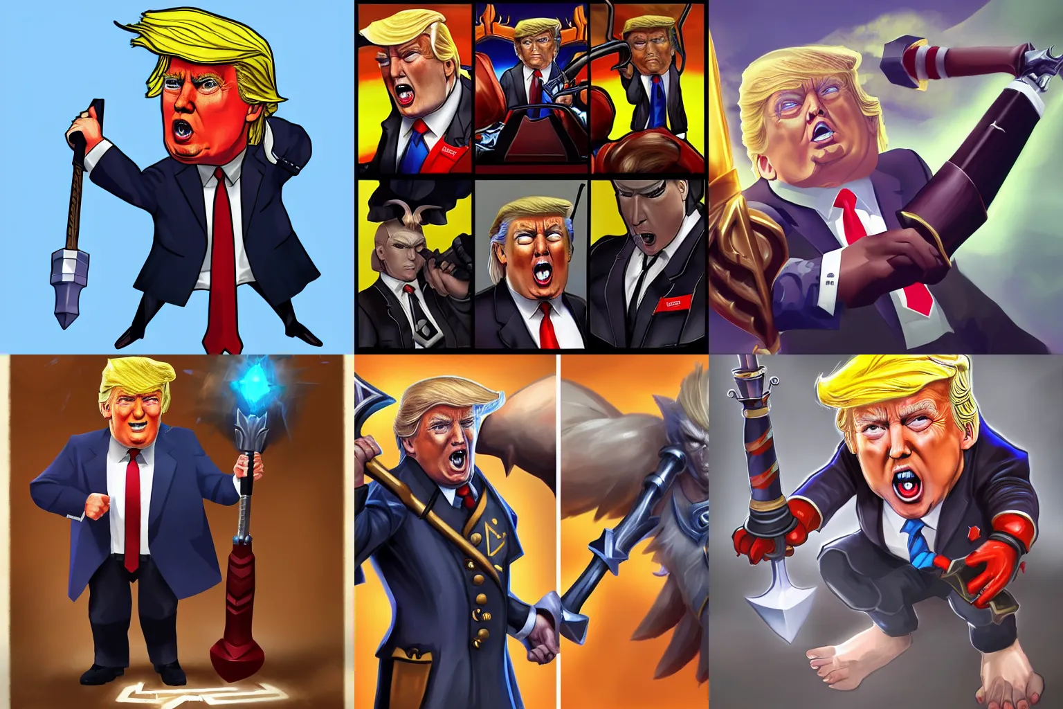 Prompt: Donald Trump wielding a battlehammer in style of league of legends, league of legends splashaet, trending on artstation