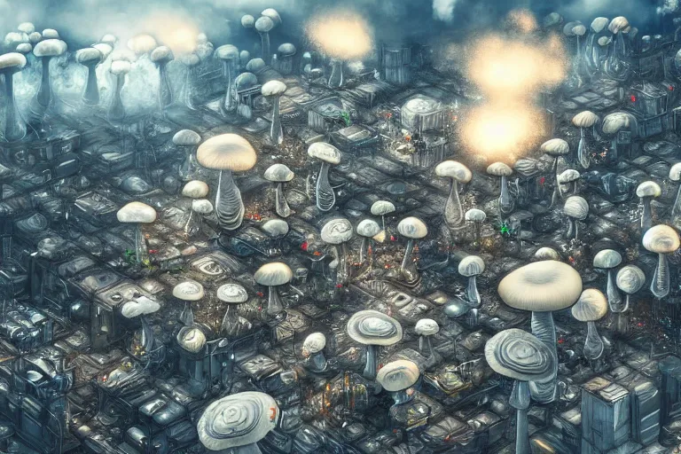 Prompt: hyper detailed mushroom! clouds! formed by an h - bomb! explosion! in the middle of tokyo, raising between the buildings, highly detailed, concept art, smooth, sharp focus, modern war photography, awarded photography, futuristic style, popular on artstation, unreal engine, aerial photo, nvidia graphics,.