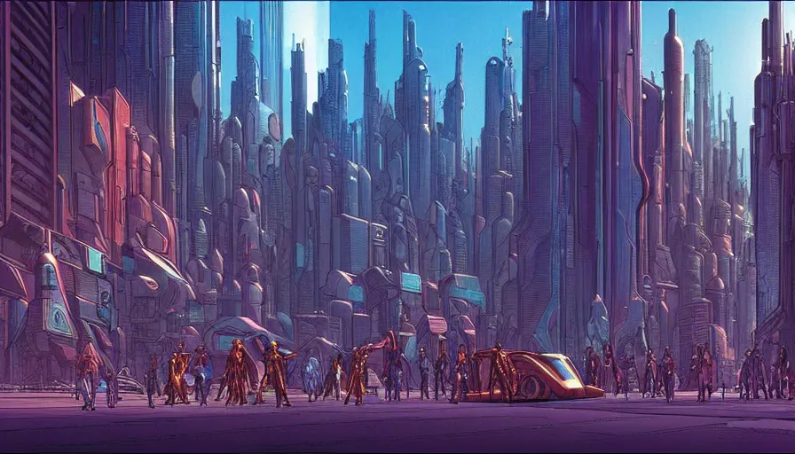 Image similar to metahumans and androids holding laser canons, fractals, cyberpunk city street, visual development by jean giraud and moebius, incal!!!!!!, dynamic lighting, daylight