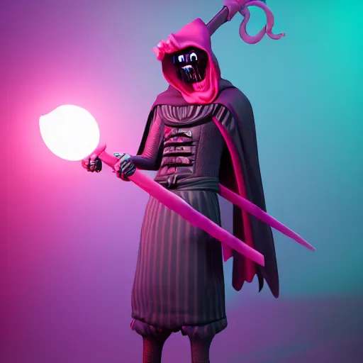 Image similar to candypunk grim reaper, character design, high quality digital art, render, octane, redshift, volumetric lighting, oled
