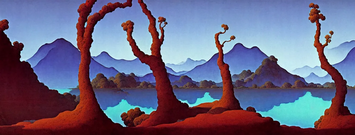 Image similar to a gorgeous very early spring blue desert painting by barlowe wayne maxfield parrish and marco mazzoni. tree no leaf!!!! china mountain village!! grey blue and very little light verdancy. ultra clear detailed. 3 d, octane render. turbulent blood lake.