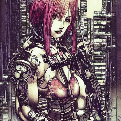 Prompt: android, killer - girl on car, 1 / 6 katsuya terada, style of cyberpunk, night, city,