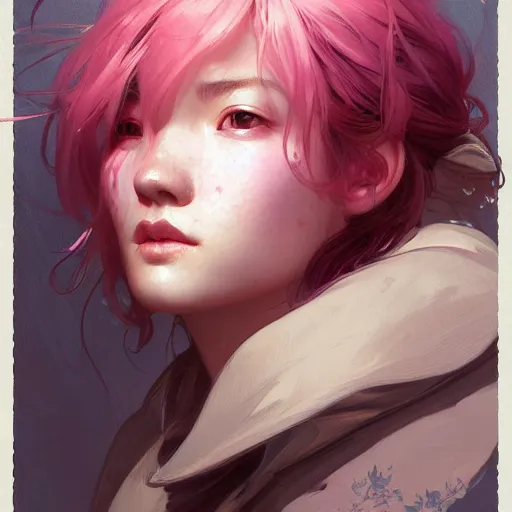 Image similar to Portrait of a eurasian tomboy with pink hair, glowing skin, fantasy, intricate, elegant, highly detailed, digital painting, artstation, concept art, smooth, sharp focus, illustration, art by Krenz Cushart and Artem Demura and alphonse mucha