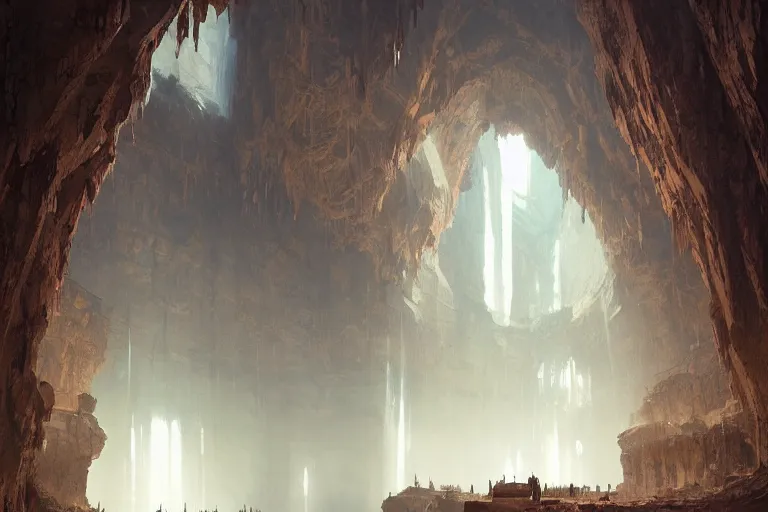 Prompt: vast library in a cave with huge windows flanked by stalagmites, beautiful painting, greg rutkowski, james gurney, thrending on artstation.