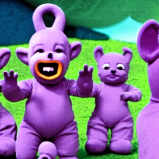 Prompt: tinky winky eating tubby custard, horror, creepy, teletubbies lost creepy spooky bloody episode, realistic,