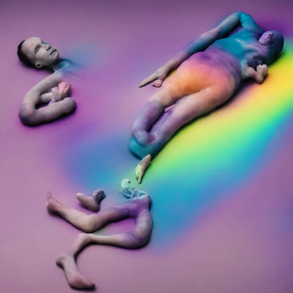 Image similar to cinestill of glitch iridiscent oil slick corpses connected by tubes to wax technical forms to a buried baby relaxing on yoga mat, faded, iridiscent gradient, purple fog, depth of field, blur, very detailed, by nadav kander and hans bellmer, 8 k, ultrarealistic, sad atmosphere, cinematic, 8 5 mm lens