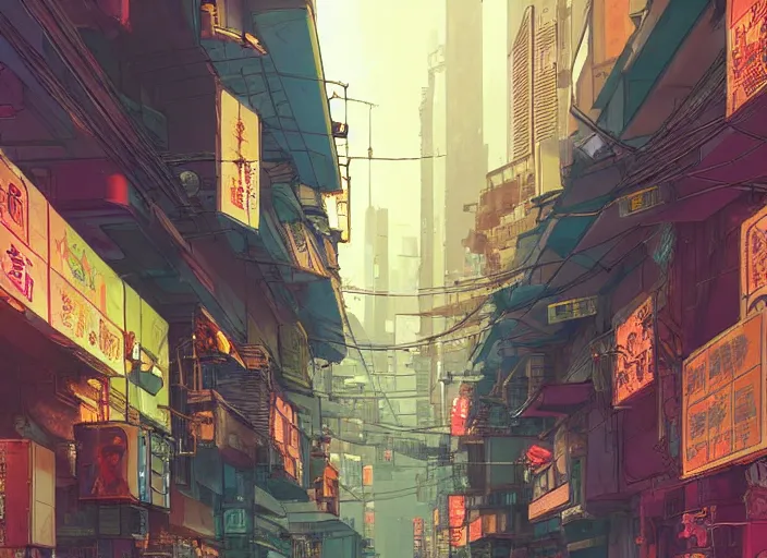 Prompt: a cyberpunk hong kong alley with robots and humans walking around by moebius, pixar color palette, clear details, street level