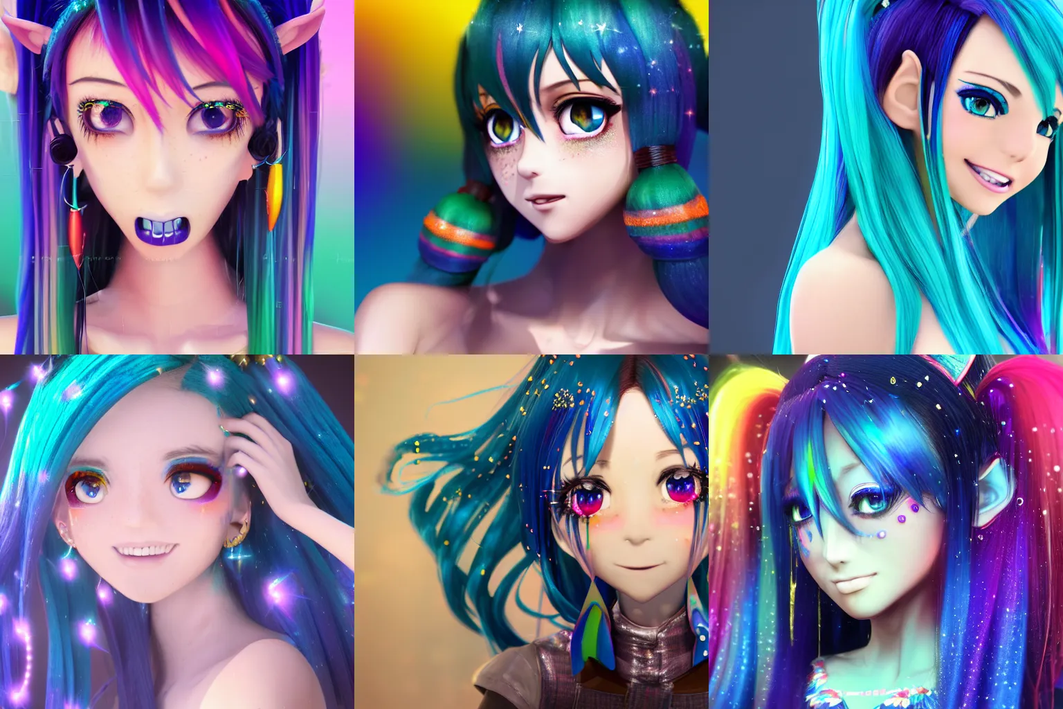 Prompt: beautiful 3d anime girl with dark blue hair with rainbow colored streaks, long braids, teal eyes, full lips in a grin, professional makeup, freckles, multiple earrings, elf ears, cinematic lighting, ambient occlusion, soft skin, cinematic shot, highly detailed, glitter, trending on Artstation, Unreal Engine 4K, cinematic wallpaper