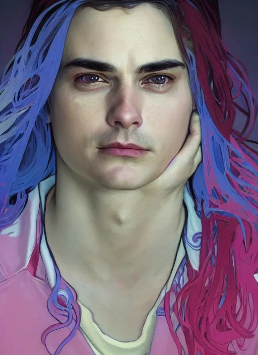 Prompt: Ben Shapiro as a transgender, gay colors, queer theme, rainbow hair , sigma male, accurately portrayed, portrait art by alphonse mucha and greg rutkowski, highly detailed, digital painting, concept art, illustration, dim lighting with twilight rays of sunlight, trending on artstation, very detailed, smooth, sharp focus, octane render, close up