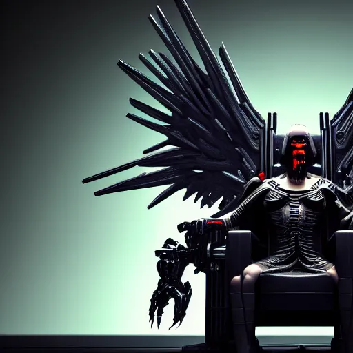 Image similar to evil cyberpunk dark lord sitting on a throne, highly detailed, photorealistic portrait, bright studio setting, studio lighting, crisp quality and light reflections, unreal engine 5 quality render