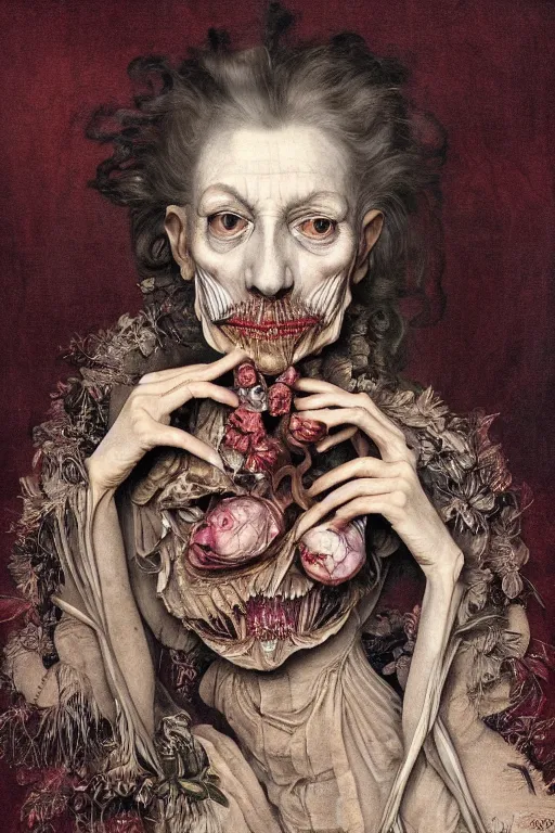 Image similar to Detailed maximalist portrait of a beautiful old woman with large lips and eyes, scared expression, botanical skeletal with extra flesh, HD mixed media, 3D collage, highly detailed and intricate, surreal illustration in the style of Caravaggio, dark art, baroque, centred in image