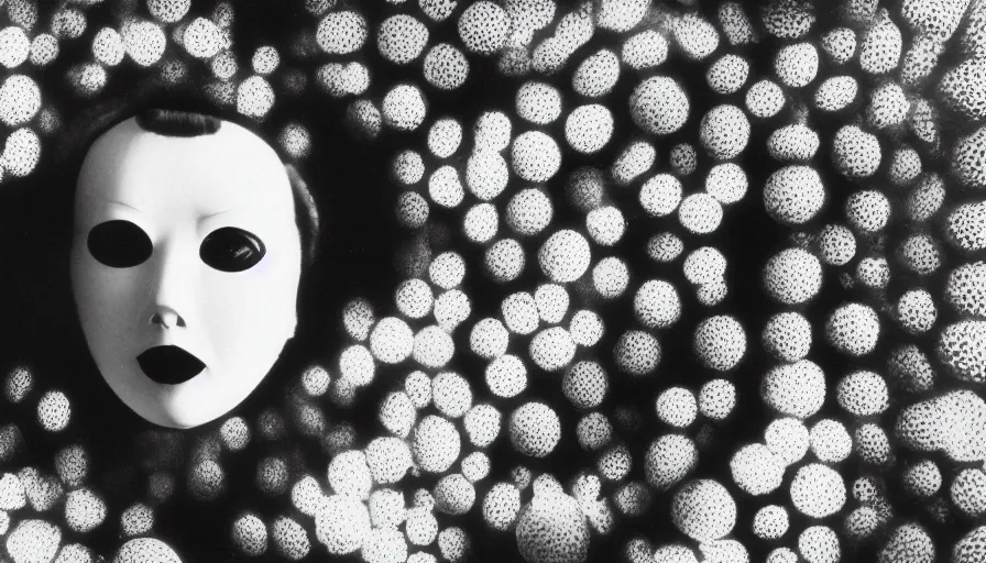 Image similar to 50s movie still close-up portrait of a white female japanese phantom with a trypophobia head in a liminal space style tunnel, early black and white 8mm, heavy grain, low quality,