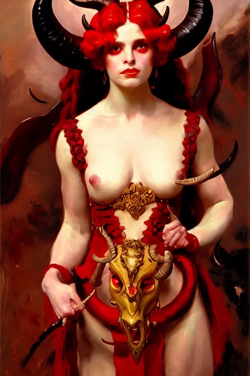 Image similar to painted close - up portrait of a attractive red - skinned intimidating demon girl with ram horns! oil painting, wearing a noblewoman's outfit, fantasy art by john singer sargent and gaston bussiere, and guillermo del toro, demon noble character design, hd