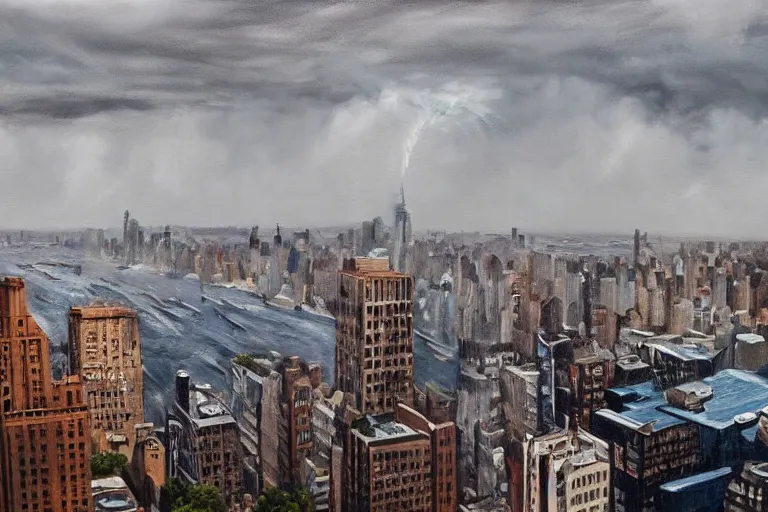 Prompt: tidal wave crashing over manhattan, bird's eye view, wide shot, cinematic, realistic style painting