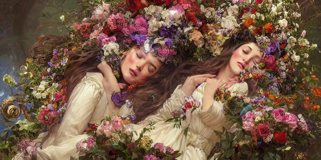 Image similar to an elaborate coffin with a mysterious sleeping beauty holding a large bouquet of flowing flowers,, fantasy, regal, intricate, by stanley artgerm lau, greg rutkowski, thomas kindkade, alphonse mucha, loish, norman rockwell