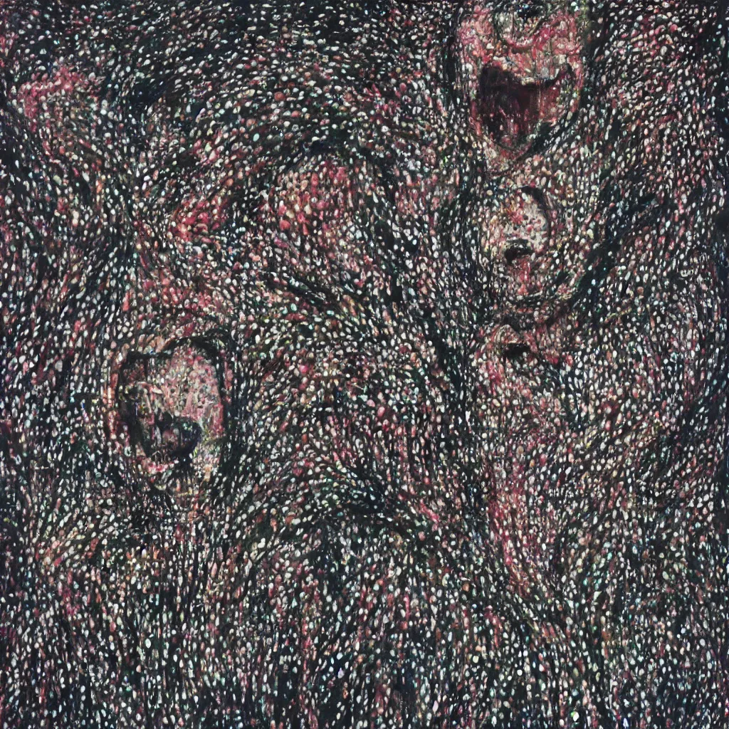 Image similar to camo made of teeth, smiling, abstract, francis bacon artwork, cryptic, dots, spots, stipple, lines, splotch, color tearing, pitch bending, faceless people, dark, ominous, eerie, hearts, minimal, points, technical, old painting, neon colors, folds