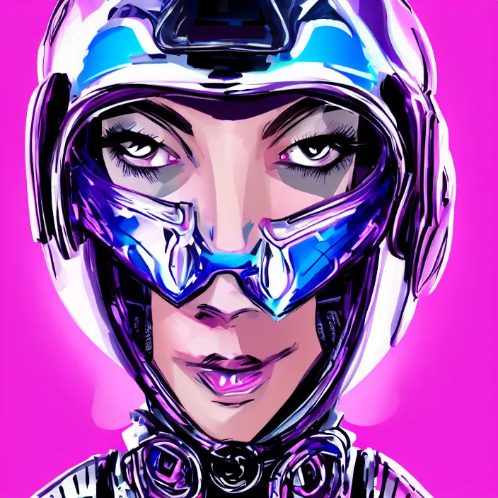 Image similar to biker girl in cybernetic helmet beautiful realistic symmetrical defined face, slight smile and open eyes, anatomically correct, cyberpunk, full portrait, high detail, realistic, synthwave neon pink and blue and red and purple and black