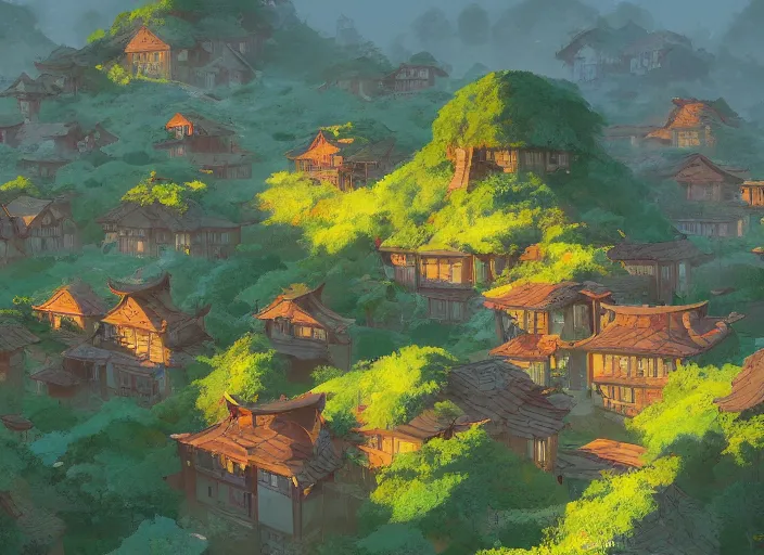 Image similar to concept art painting of a small woodland village in a valley seen from above, european japanese buildings, early morning, cel shaded, detailed, realistic, by makoto shinkai and moebius and anton fadeev and james gurney