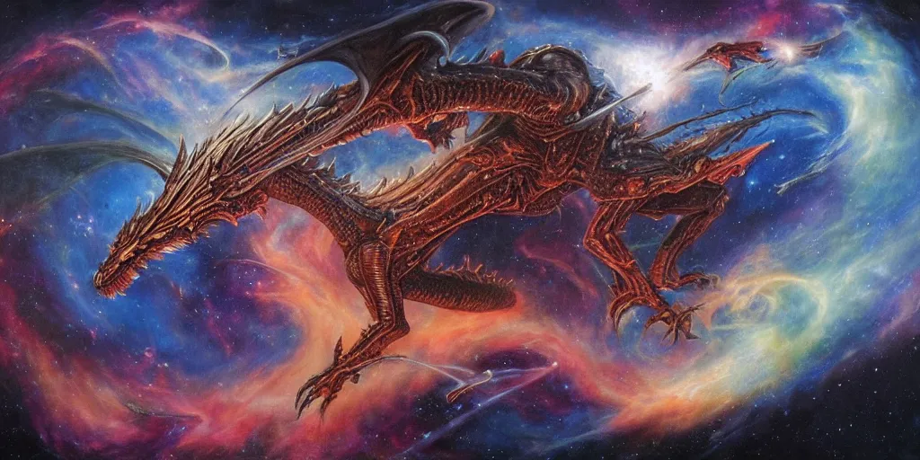 Image similar to an alien dragon flying through outer space, epic nebula, style of dan seagrave art