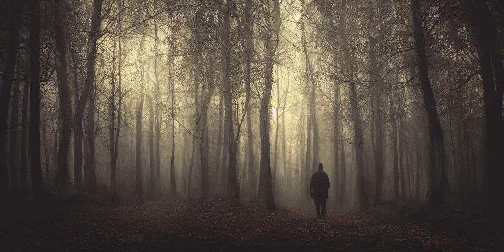 Image similar to a photographic picture of a man in a dark hood walking in a dark forest, photographic filter, unreal engine 5, realistic, hyperdetailed, 8 k, cinematic, volumetric lighting, very realistic effect, hd, hdr, 4 k, sharp focus, octane render, ultra detailed, high resolution, trending on artstation in the style of albert dros glowing rich colors powerful imagery