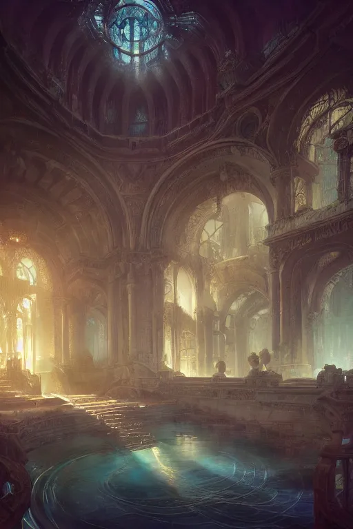 Image similar to inside of an atlantis palace, intricate, elegant, volumetric lighting, digital painting, highly detailed, artstation, sharp focus, illustration, concept art, ruan jia, steve mccurry