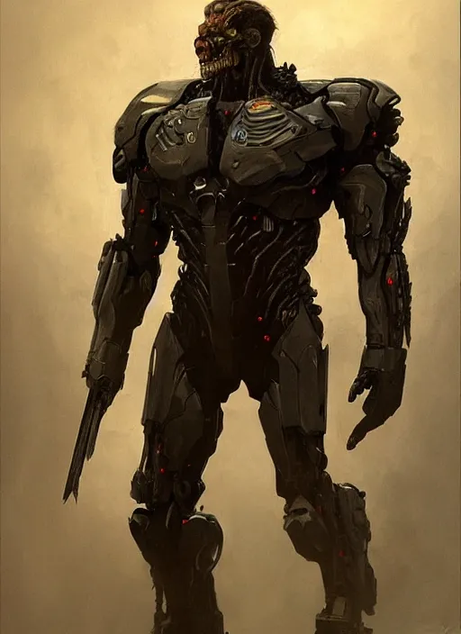 Image similar to willem dafoe as victor stone, full body concept, cyborg, borg, strogg, face of a man, terminator, flesh, quake strogg, doom demon, wolfenstein, monstrous, powerful, symmetry, symmetrical, concept art by ruan jia and greg rutkowski